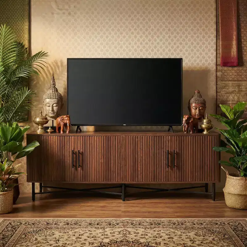 JVNOXK Medieval Modern Multimedia TV Stand with Four Doors Features two adjustable storage shelves Suitable for TVs up to 65 inchesChestnut