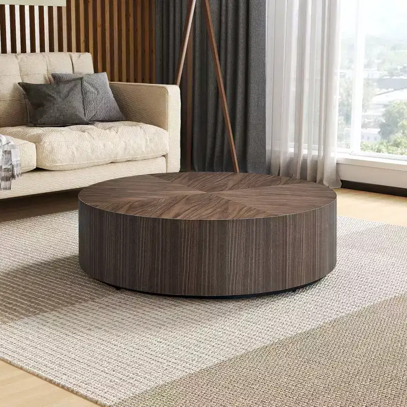 MAYEERTY 35 Inch Modern Round Coffee Table, Wood Veneer MDF Center Table for Living Room Small Space, No Assembly Required, Walnut