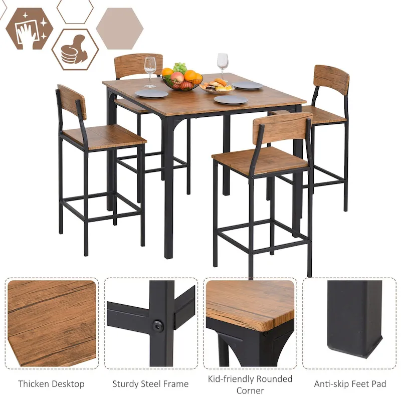 HOMCOM 5 PC Modern Counter Height Dining Set Compact Kitchen Table 4 Chairs Set with Footrest, Metal Legs, Wood
