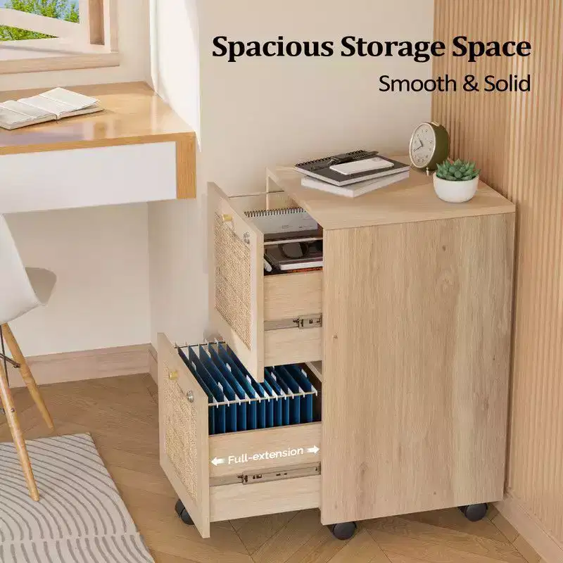 2-Drawer Vertical File Cabinet, MDF, Rattan-Inspired Design, Locking Drawers, Anti-Tilt, Beige, 14.96