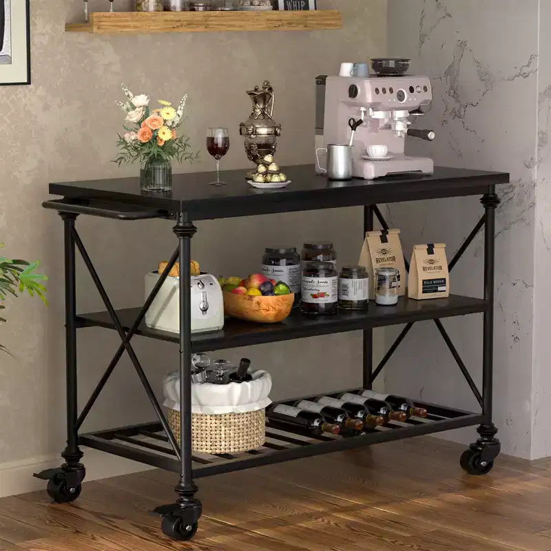 3-Tier Kitchen Island Cart with Wheels, Industrial Pipe Legs & Lockable Casters