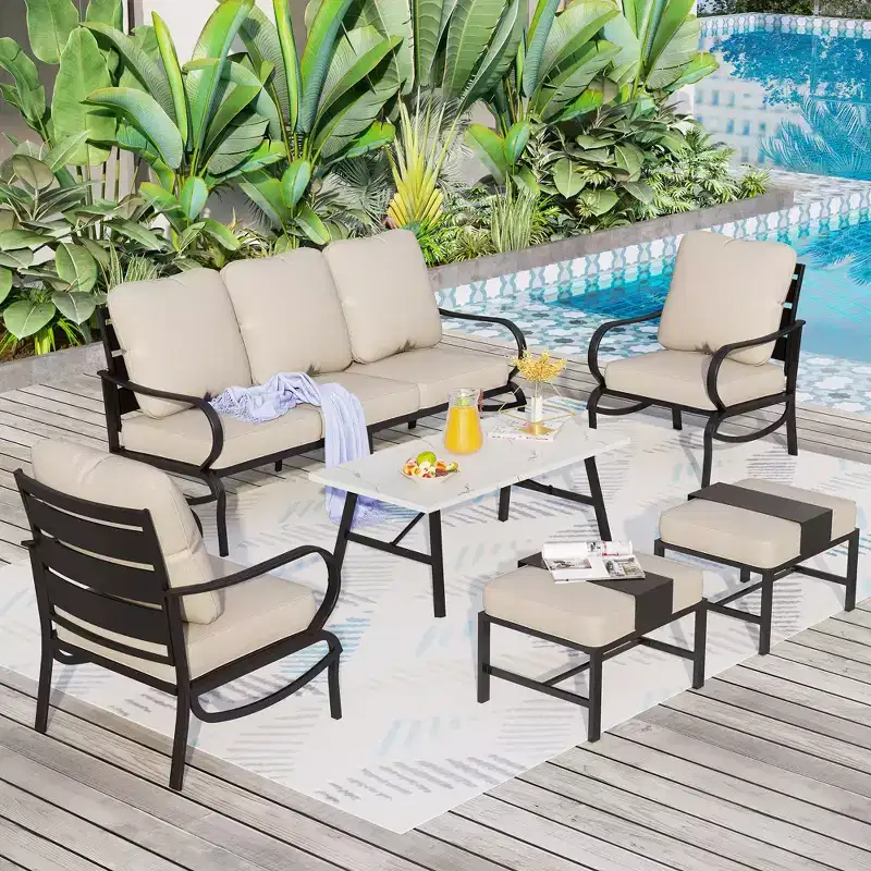 Captiva Designs 6pc Metal Patio Furniture Conversation Set with Armchairs and Ottomans for Garden Porch Backyard