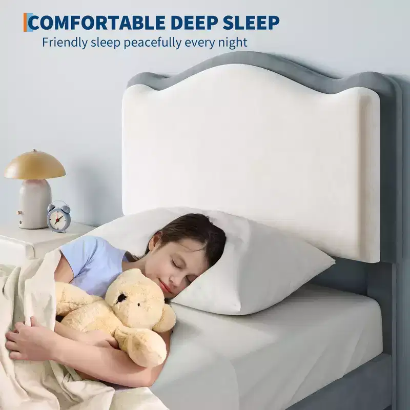 Children's bed frame, toddler mattress with headboard and storage drawers, made of sturdy wood slats, easy to assemble, no spring mattress required.