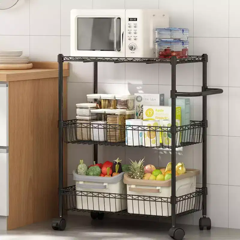 3 Tier Wire Utility Cart with Handle and Adjustable Basket, Kitchen Cart with Metal Wheels, Utility Storage Rack