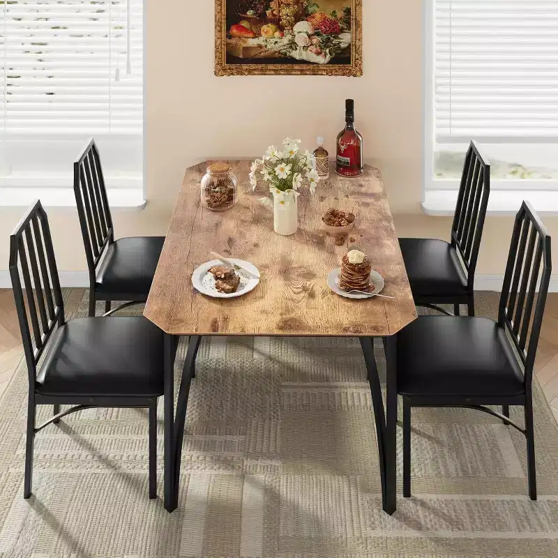 Dining Table for 4, Rectangular Kitchen Table and Upholstered Chairs for 4, 5 Piece Dining Room Table Set