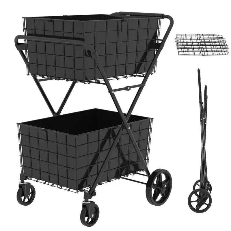 2-Tier Foldable Shopping Cart with Removable Baskets and 360 Swivel Wheels