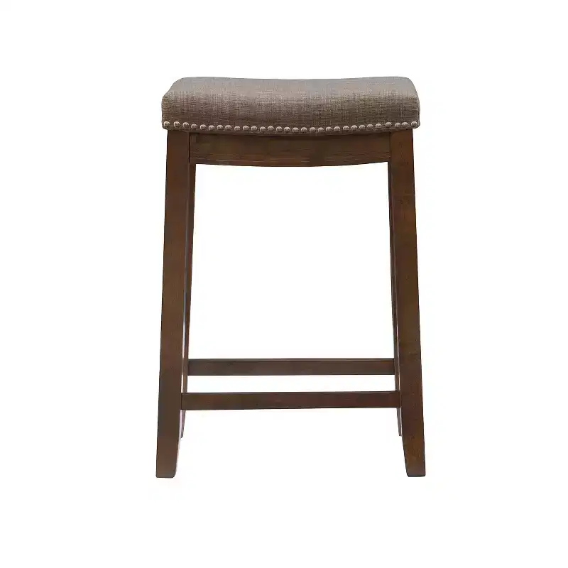 Counter Height Barstool Rustic Brown Natural Linen Upholstered Backless
