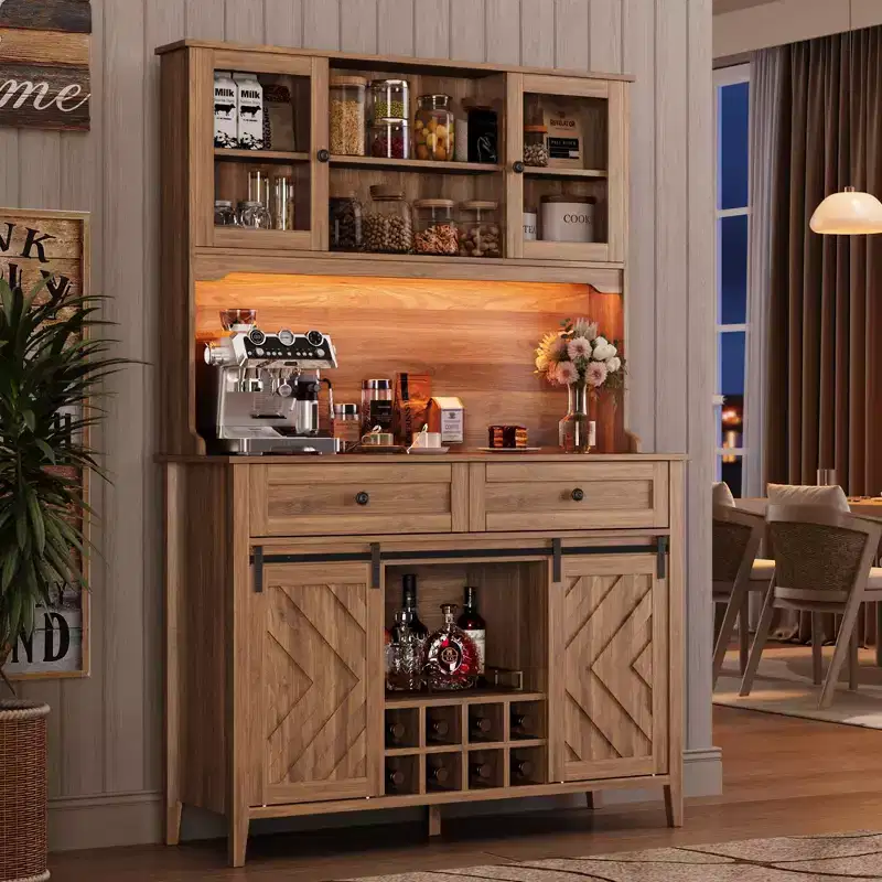 72 Farmhouse Bar Cabinet with Sliding Barn Door  Large Kitchen Buffet with Hutch, Charging Station, 2 Drawers & 8 Storage Shelves  Coffee