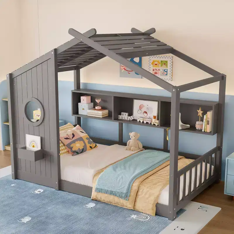Twin Size Floor House Bed & Kids Montessori Bed, Playhouse Bed with Storage Shelf, Roof Design