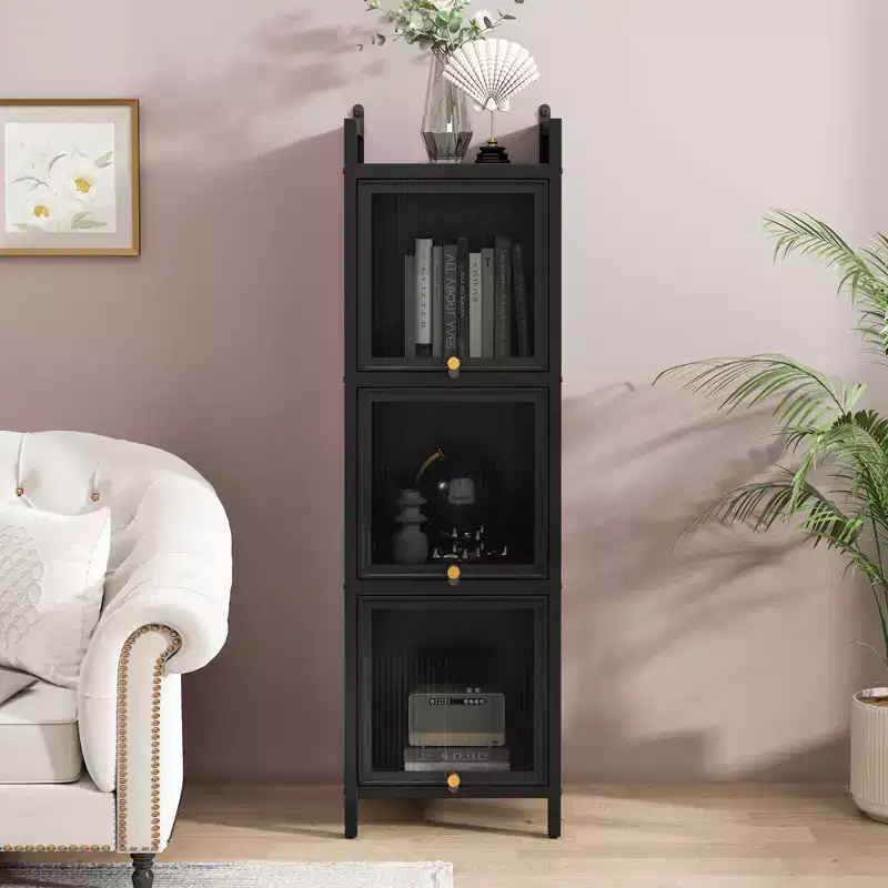 MAYEERTY Modern Three Tiers Glass Door Cabinet with Featuring Four Tiers Storage for Living Room Bathroom Green