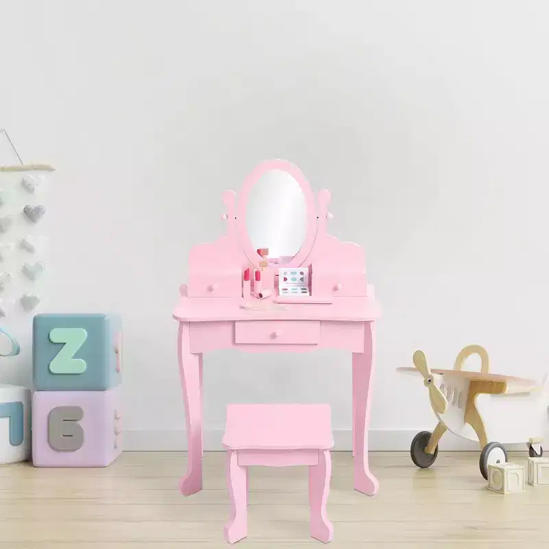 Kids' Vanity Set with Mirror, Makeup Table and Stool Vanity Desk and Chair with Wood Makeup Playset for 4-9 Girls