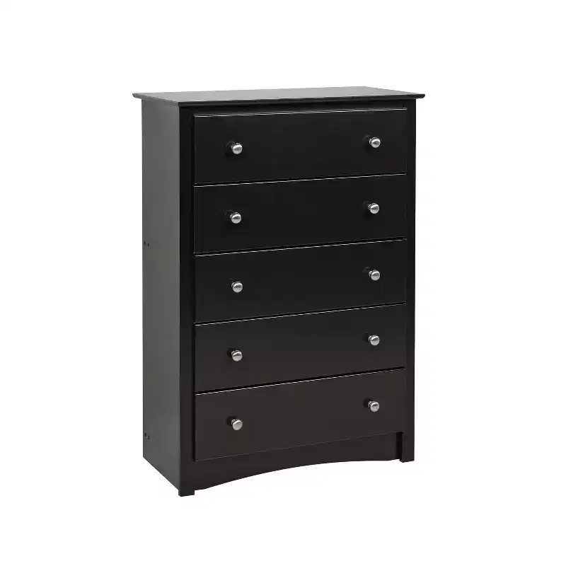 Prepac 5 Drawer Dresser Black: Transitional Style, Satin Finish, Nickel Hardware, Bedroom Storage