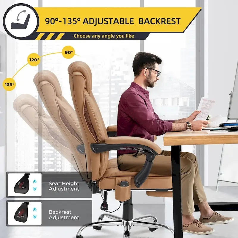Ergonomic Heated Executive Office Chair, 2/4/6-Point Massage, Retractable Footrest, PU Leather