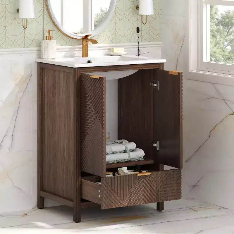 Bathroom Vanity 24-Inch, Modern Sink Combo, Single-Hole Faucet, Textured Doors, Drawer, Pine Legs, Large Storage, Soft-Close Hinges