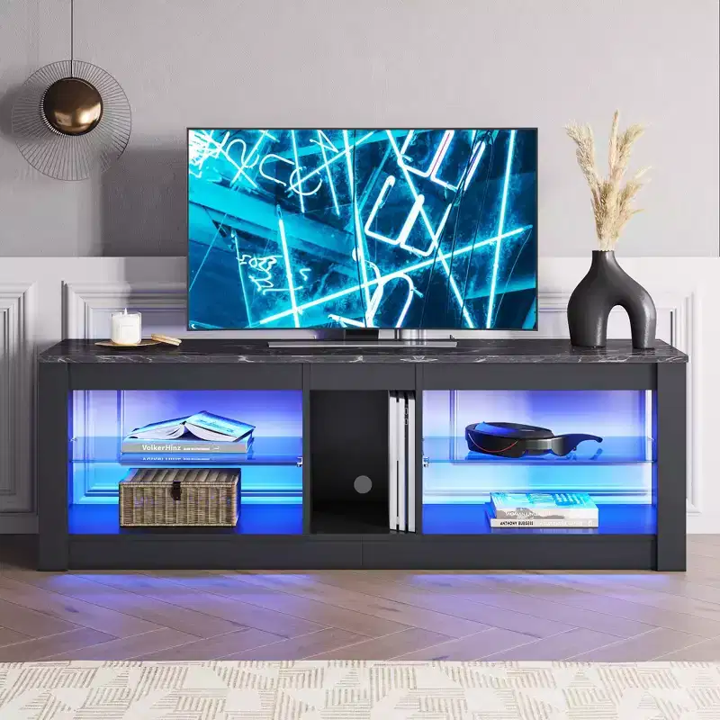 Particle Board TV Stand with Glass Shelves 18.5''H x 55.12''W x 13.78''D