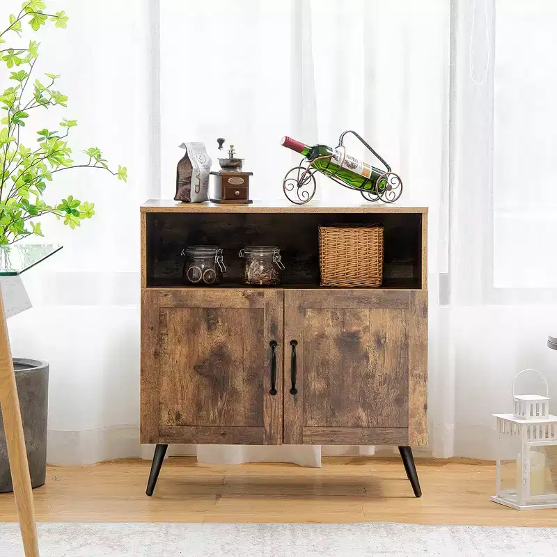 Mid-Century 2-Door Storage Cabinet Sideboard with Wine Glass Racks, Rustic Brown