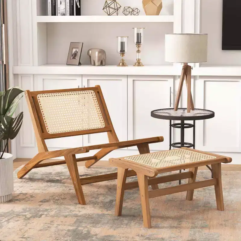 Mid Century Modern Accent Chair with Ottoman Teak Wooden Frame Farmhouse