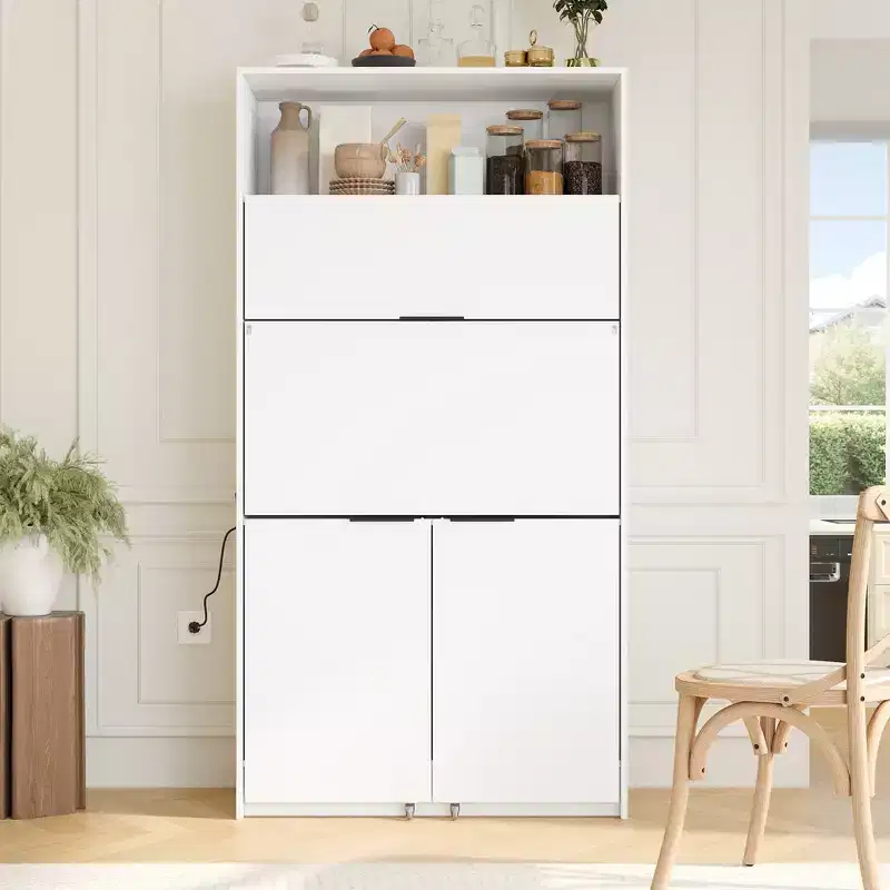 Versatile Kitchen Pantry with Hutch, Foldable Workstation and Power Outlet