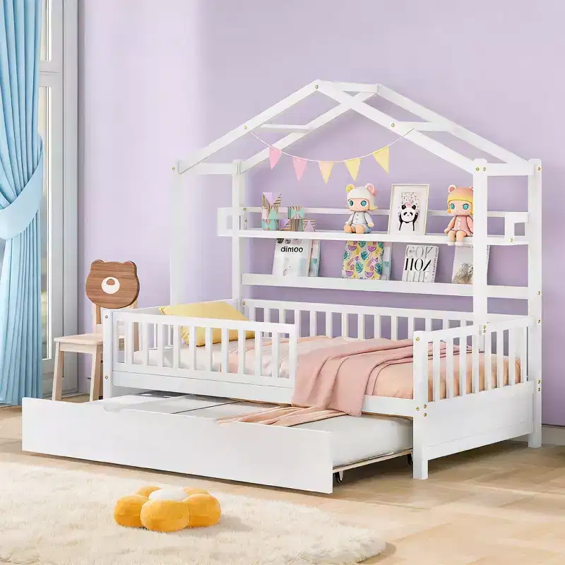 Luxystar Wood House Bed Frame with Trundle and Shelves, White
