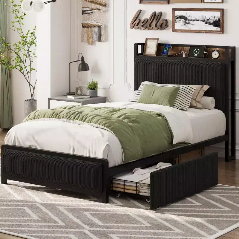 Upholstered Platform Bed Frame with Storage Headboard, No Box Spring Needed, Noise Free
