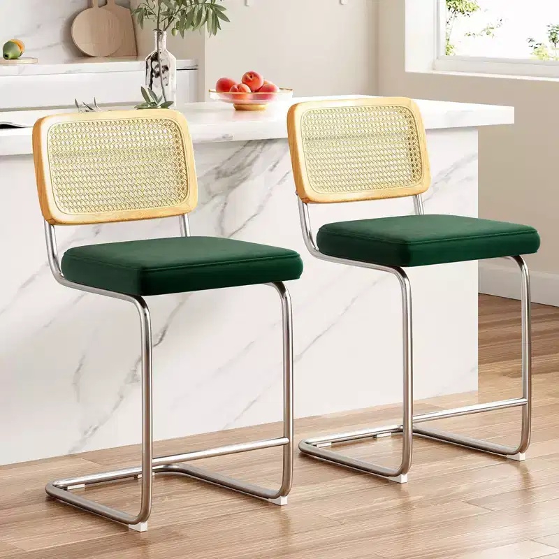 PexFix 2Pcs Counter Height Bar Stools Upholstered Velvet Barstools with Rattan Back 24 Stools Armless Bar Chairs for Kitchen Island Blackish Green