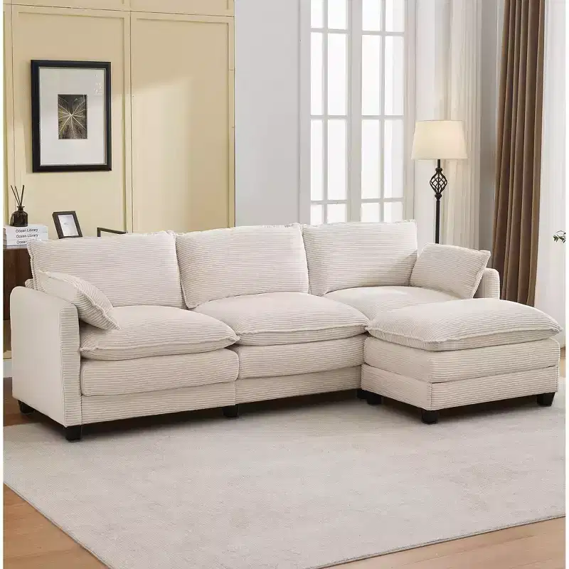 Corduroy L-Shaped Sectional Sofa, 3-Seater Couch with Movable Ottoman, Modular Living Room Furniture for Apartments