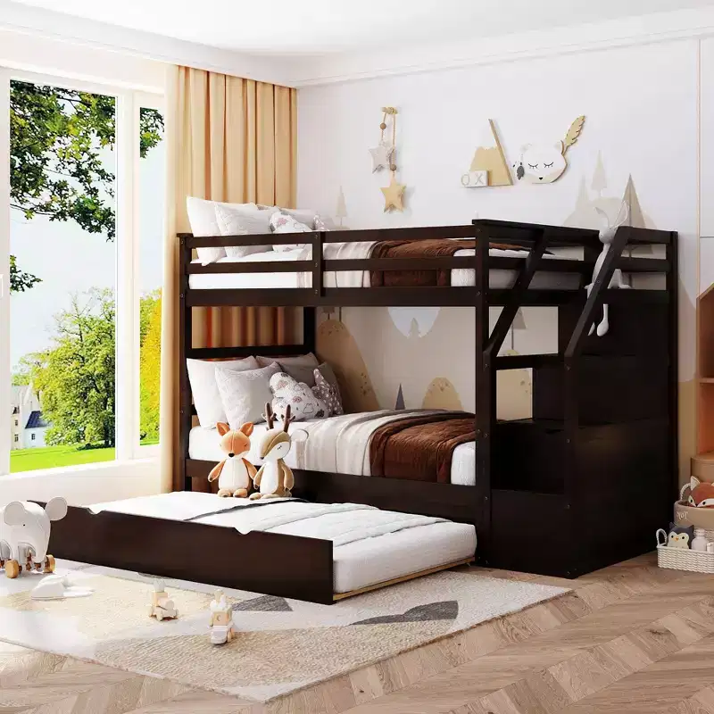 Twin Over Twin Bunk Bed with Trundle & Storage Stairs, Full-Length Guardrails