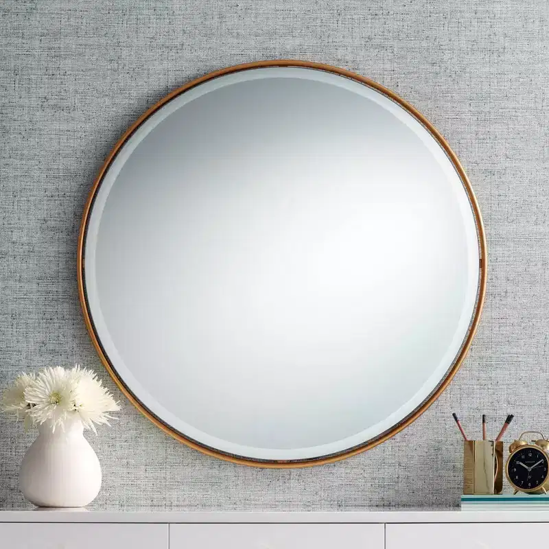 Round Vanity Decorative Wall Mirror, Vintage Beveled Edge, Antiqued Gold Leaf Iron Frame, 34