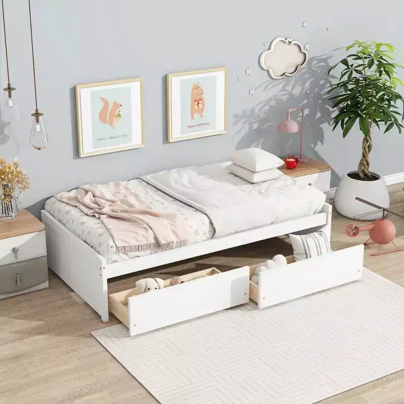 MAYEERTY Twin Size Bed with 2 Drawers Solid Rubber Wood White for Bedroom