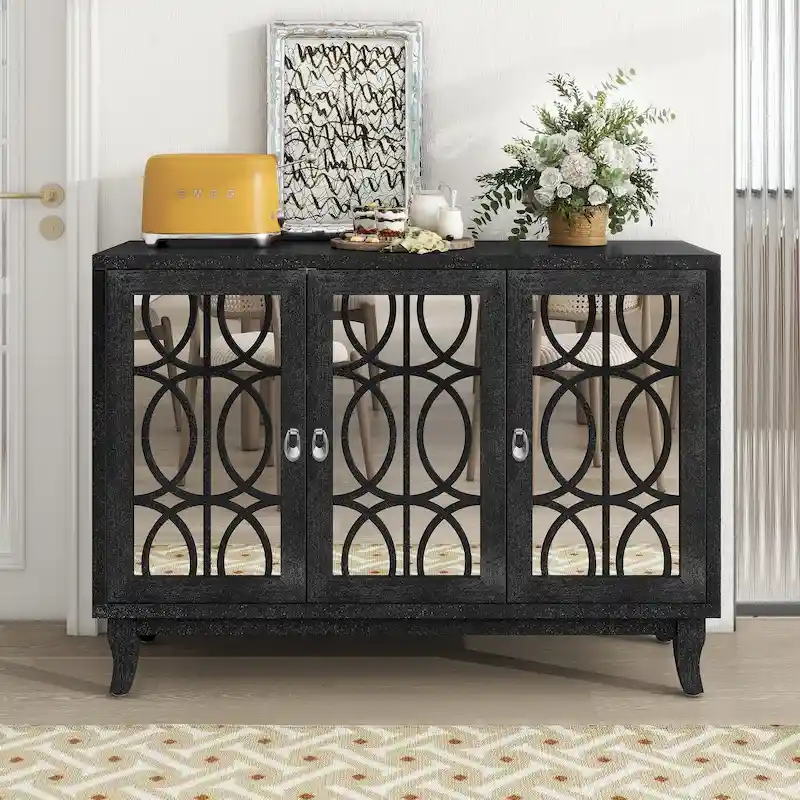 3 Door Mirrored Buffet Cabinet with Silver Handle for Living room and Dining