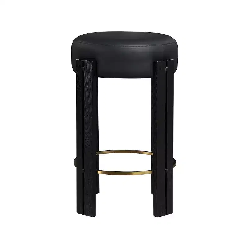 Black Vegan Leather Backless Counter Stool with Brushed Brass Footrest
