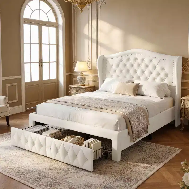 Dyonery Queen bed frame, 52.6 inches high, with two drawers, velvet soft packaging, diamond sewn headboard, vintage rivets and wing back design.