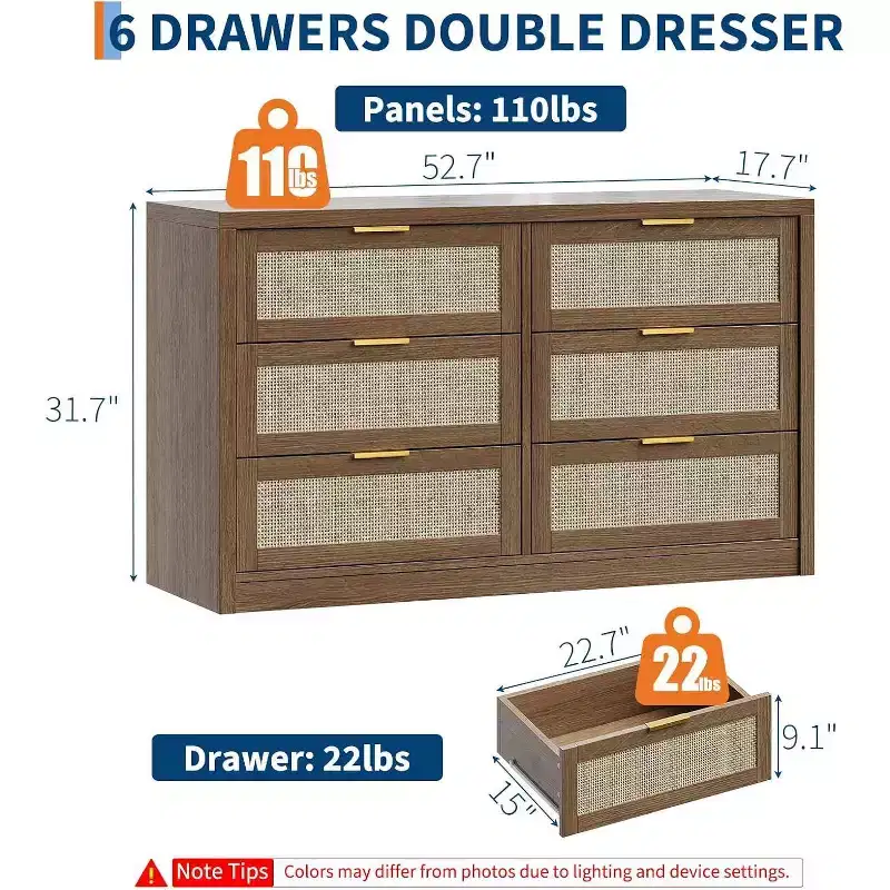 Acekool 53 Rattan Dresser, 6 Drawer Boho Chest with Metal Handles, Storage Cabinet & TV Stand for Bedroom or Living Room