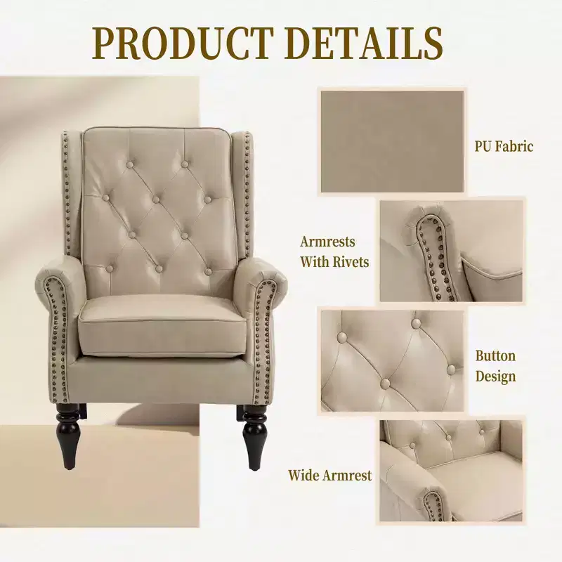 Wood Frame Armchair, Sturdy Wood Legs, Living Room Bedroom, Black PU