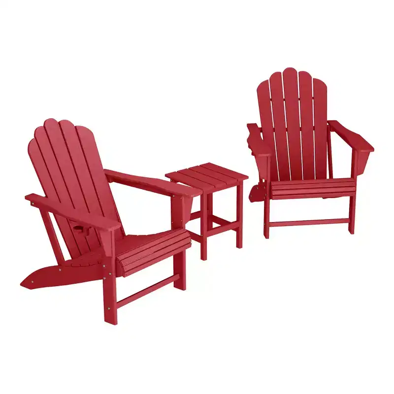 WestinTrends Highland 3-Piece Outdoor Patio HDPE Adirondack Chair With Cup Holder and Table Set, Red