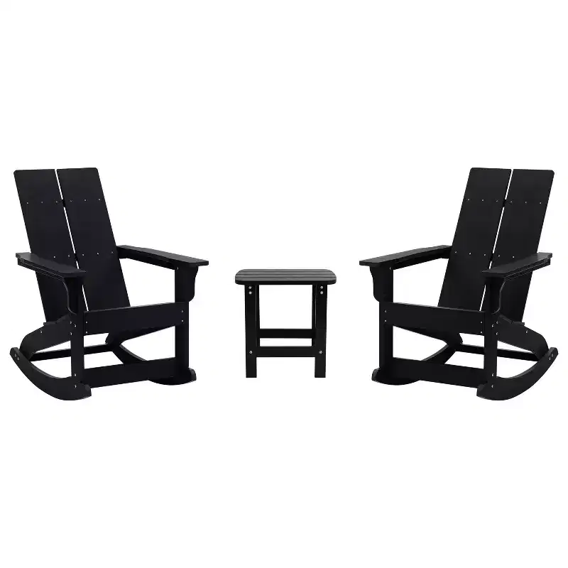 Merrick Lane Wellington 3 Piece Patio Furniture Set Includes All-Weather UV Treated Adirondack Rocking Chairs and Side Table