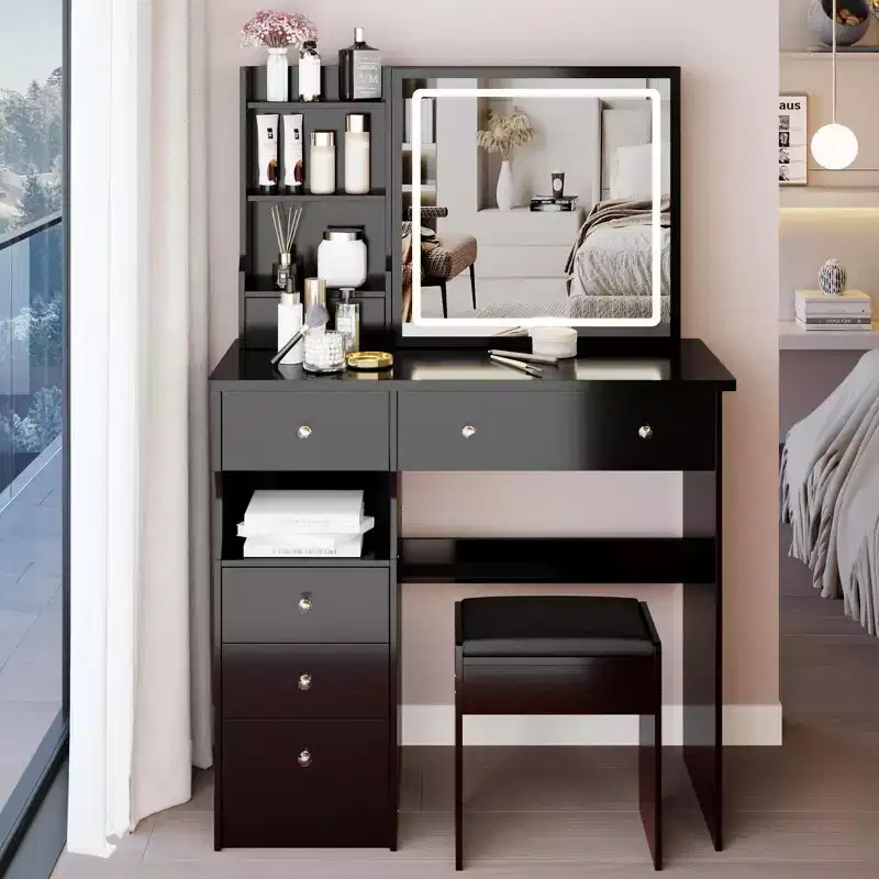 Okak 37IN Vanity Table with Cushioned Stool, Makeup Vanity with Large Sliding and Touch Control Mirror, Ample Vanity Desk for Large Space