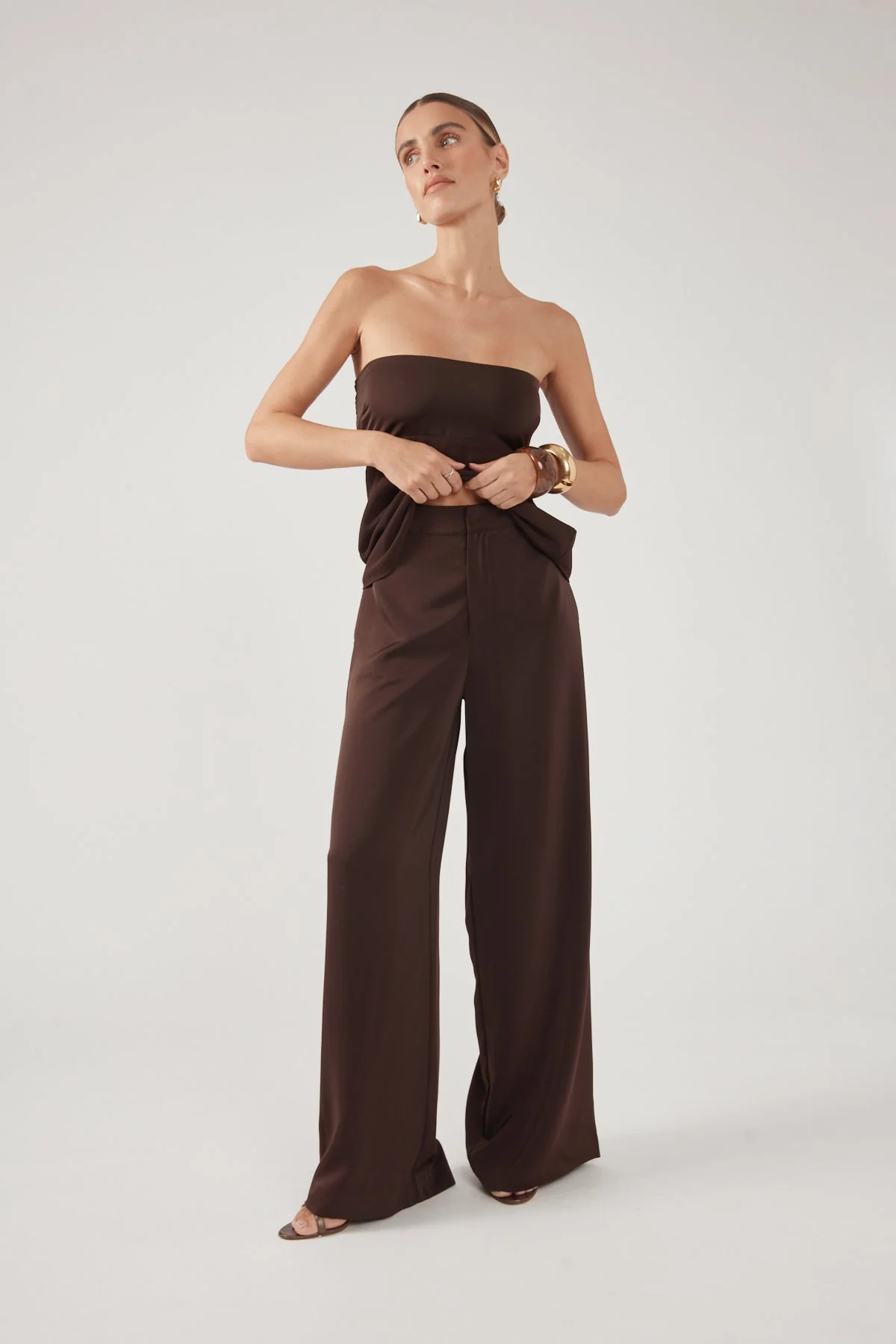 Satin Mid Rise Tailored Pants Brown