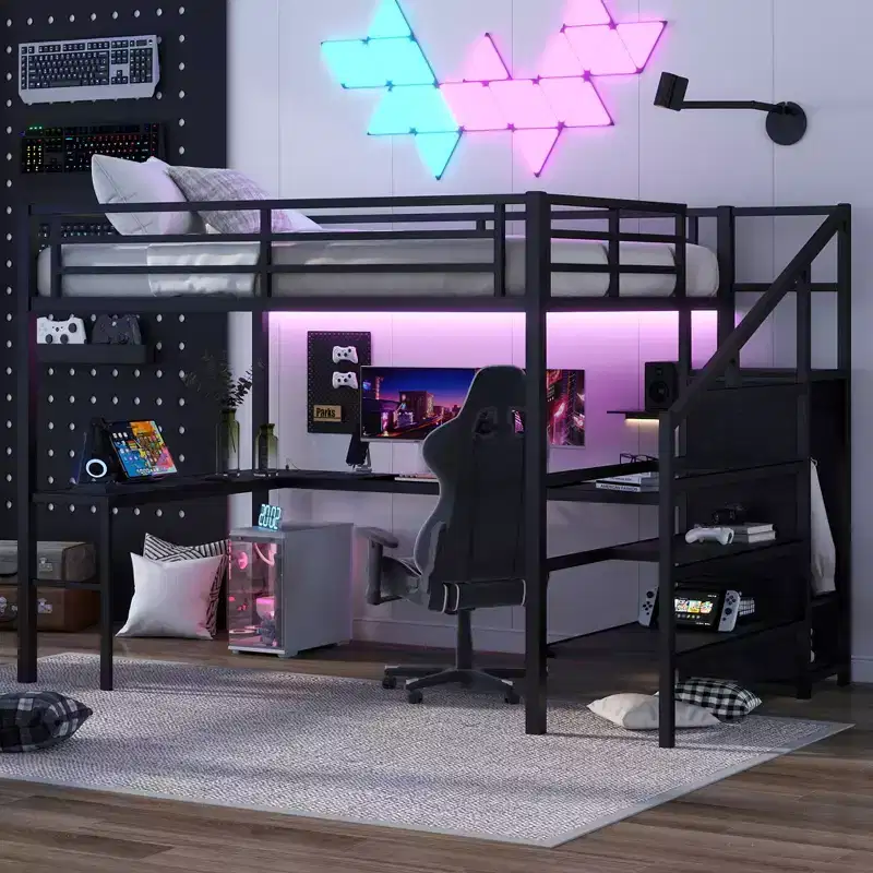 Bellemave Queen Loft Bed with L-Shaped Desk, Wardrobe, USB Port & LED, Metal Loft Bed with Storage Stairs & Adjustable Shelf, Black