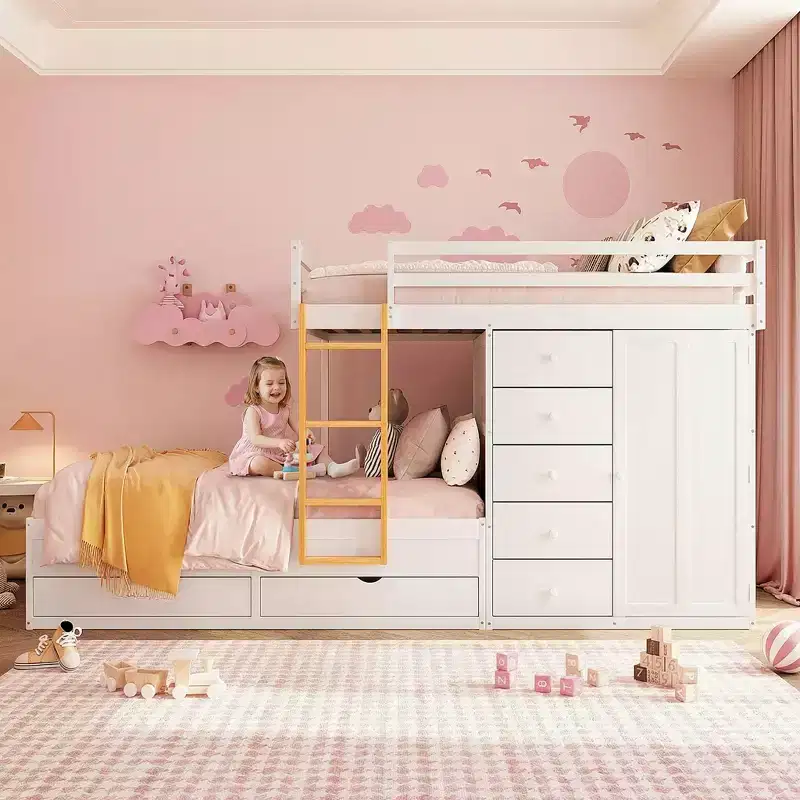 Full Size Bunk Bed with 2 Large Drawers & 5 Small Drawers, MDF & Solid Wood Construction, Modern Storage Design with Small Wardrobe, White