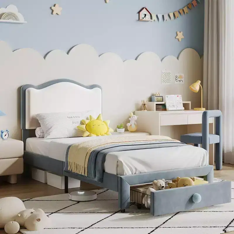 Upholstered Kids Bed Frame with Headboard and Storage Drawer, Velvet