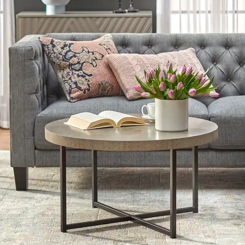 Industrial Style Coffee Table with Concrete-Look Top and Black Metal Frame