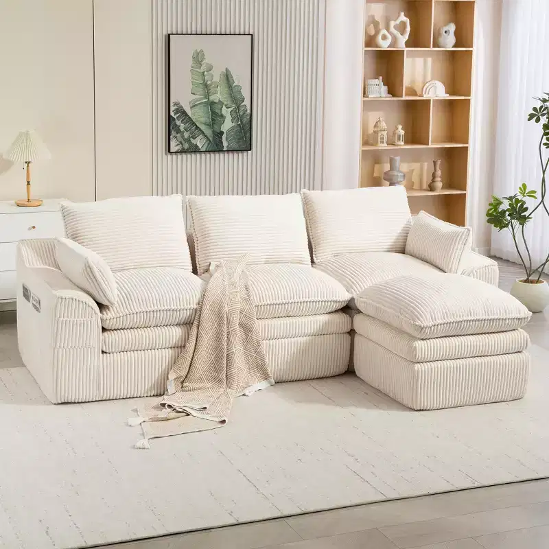 L Shaped Sectional Sofa, Corduroy Couch with Movable Ottoman, Compressed Modular Corner Couch for Living Room - ModernLuxe