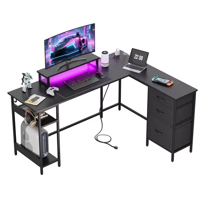 60-Inch L-Shaped Gaming Desk, Corner Computer Desk with Storage, Power Outlets & LED Lights