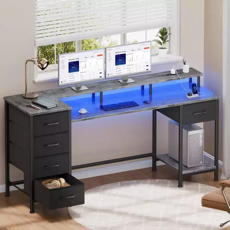 55 Inch Grey Computer Desk with Charging Station Reversible Gaming Desk LED Lights Fabric Drawers Home Office Writing Table Bedroom Study Storage