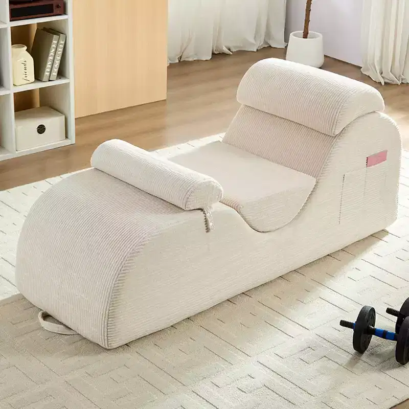 Mjkone Corduroy Yoga Chaise Lounge Chair,Curved Yoga Lounger Sofa with Movable Headrest/Waist Cushion/Footrest,Non-Slip Bottom