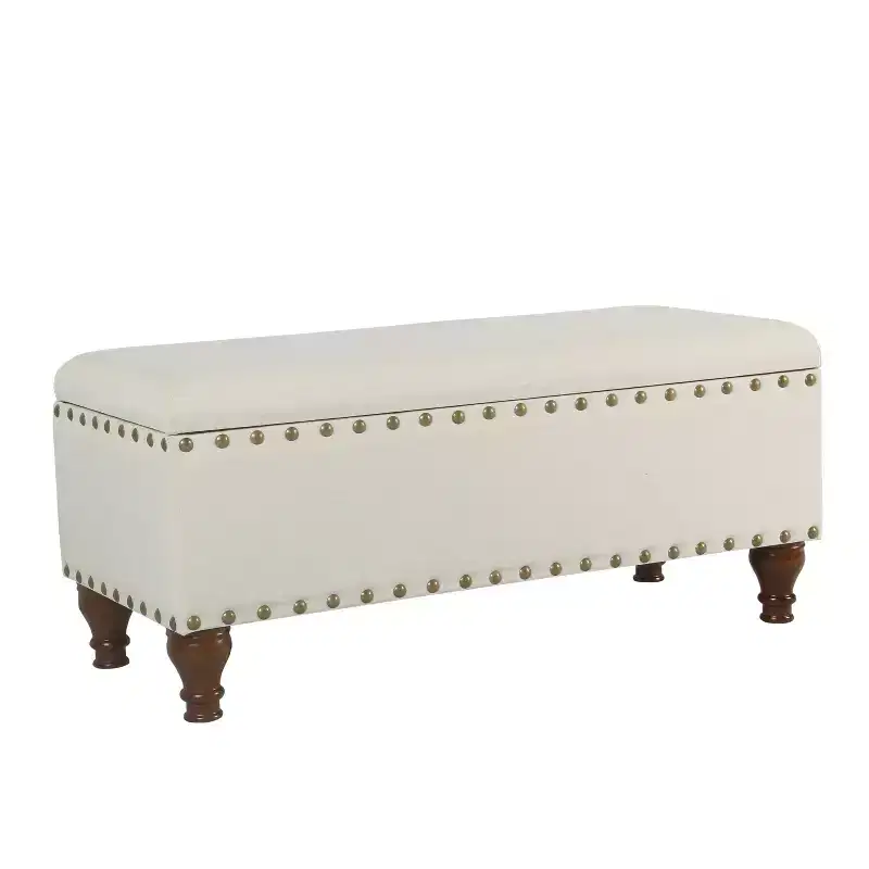Large Storage Bench with Nailhead Trim, Linen Fabric