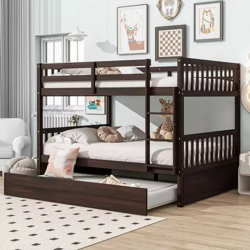 Bellemave Full Over Full Rubber Wood Bunk Bed with Trundle, Ladder and Guardrails, Convertible to 2 Full Size Beds, with Twin Size Trundle