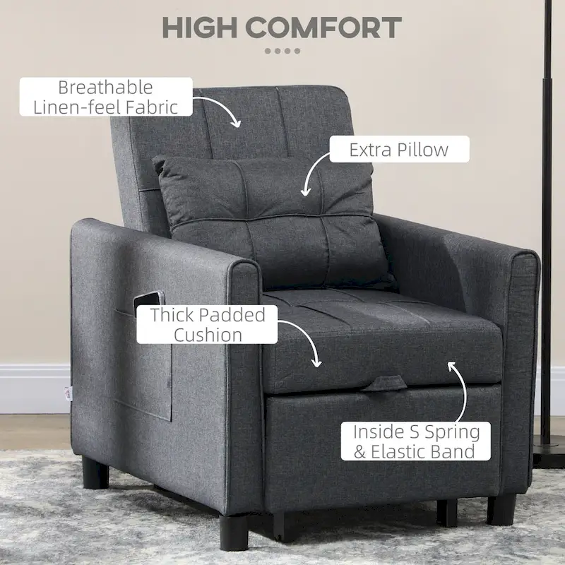 Dark Grey Polyester Single Convertible Sofa Bed with Adjustable Back