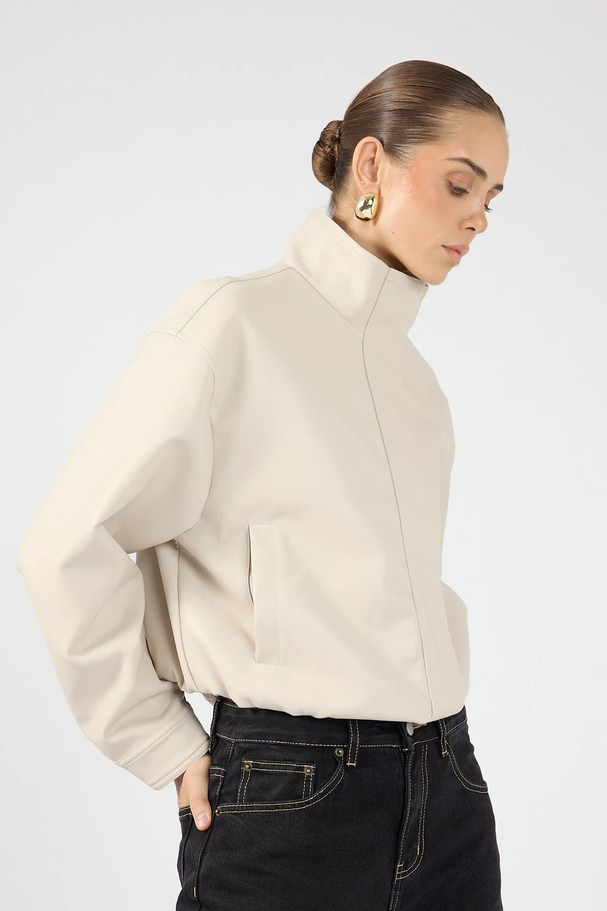 Funnel Neck Faux Leather Bomber Jacket Stone